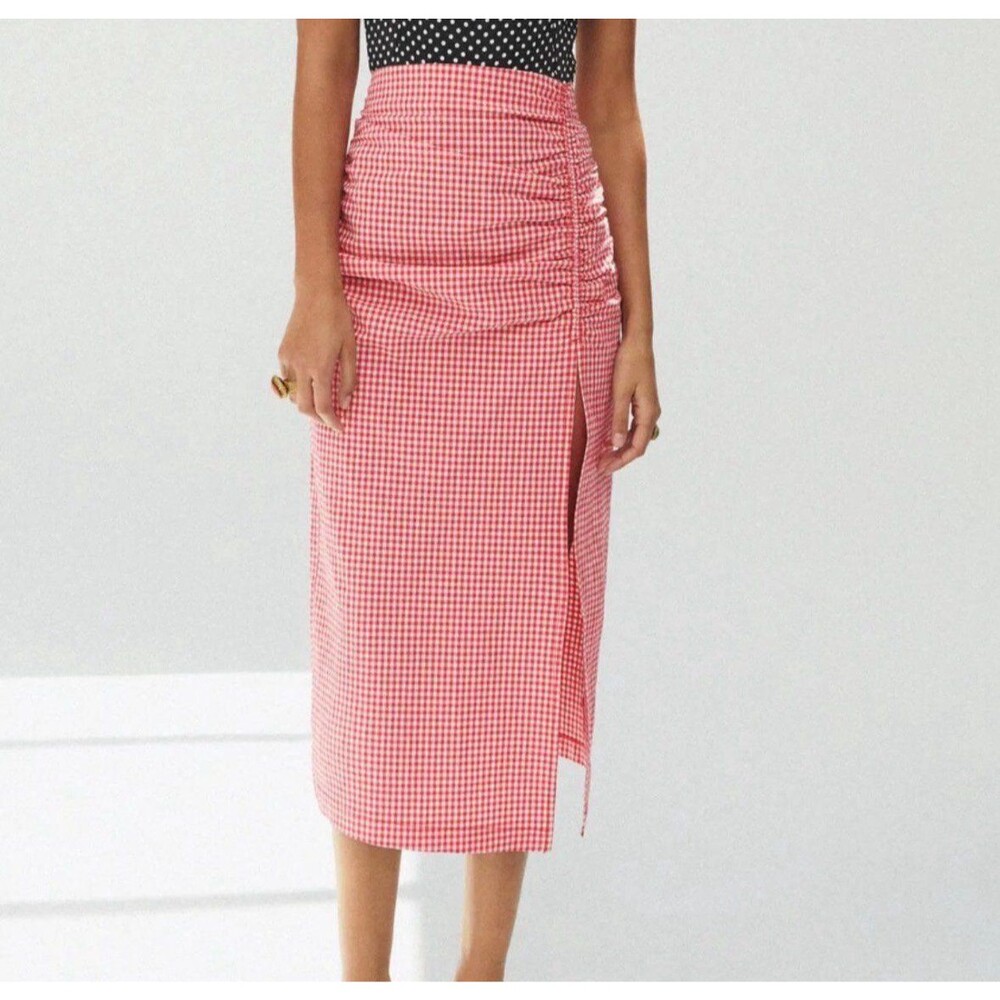 Zara Red and White Gingham Ruched Midi Skirt with Slit